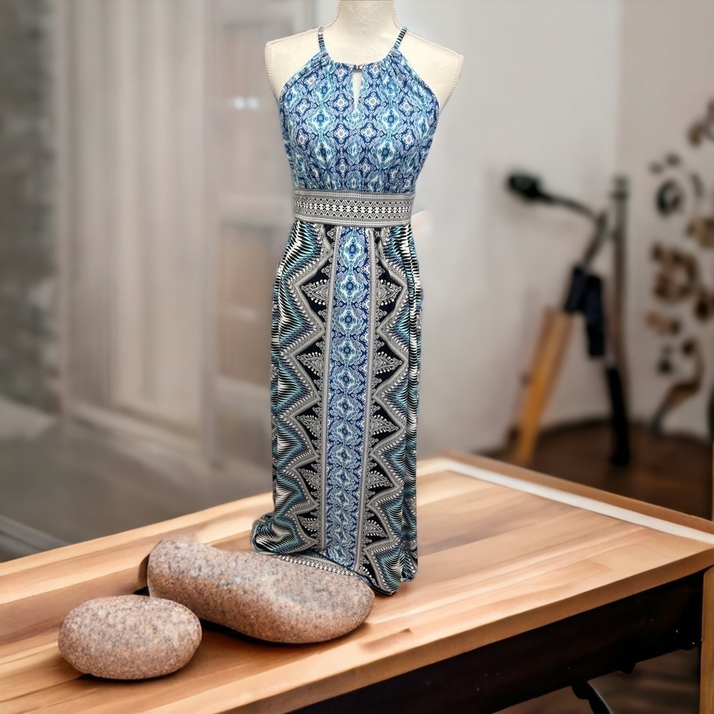 Free People Maxi Halter Dress Sleeveless Column Dress Blue, White & Black Sz  S - Picture 3 of 10